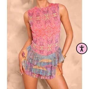Multi Patchwork Printed Mesh Rara Romper